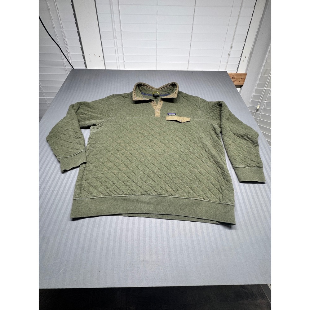 Patagonia Mens XXL Cotton Quilt Snap-T Pullover Olive Green Quilted Sweatshirt
